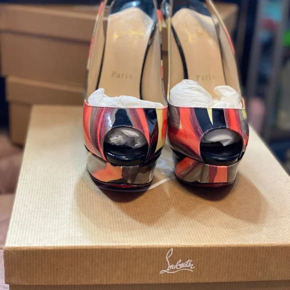 Christian Louboutin Black and Pink Striped Heels - Picture 2 of 7